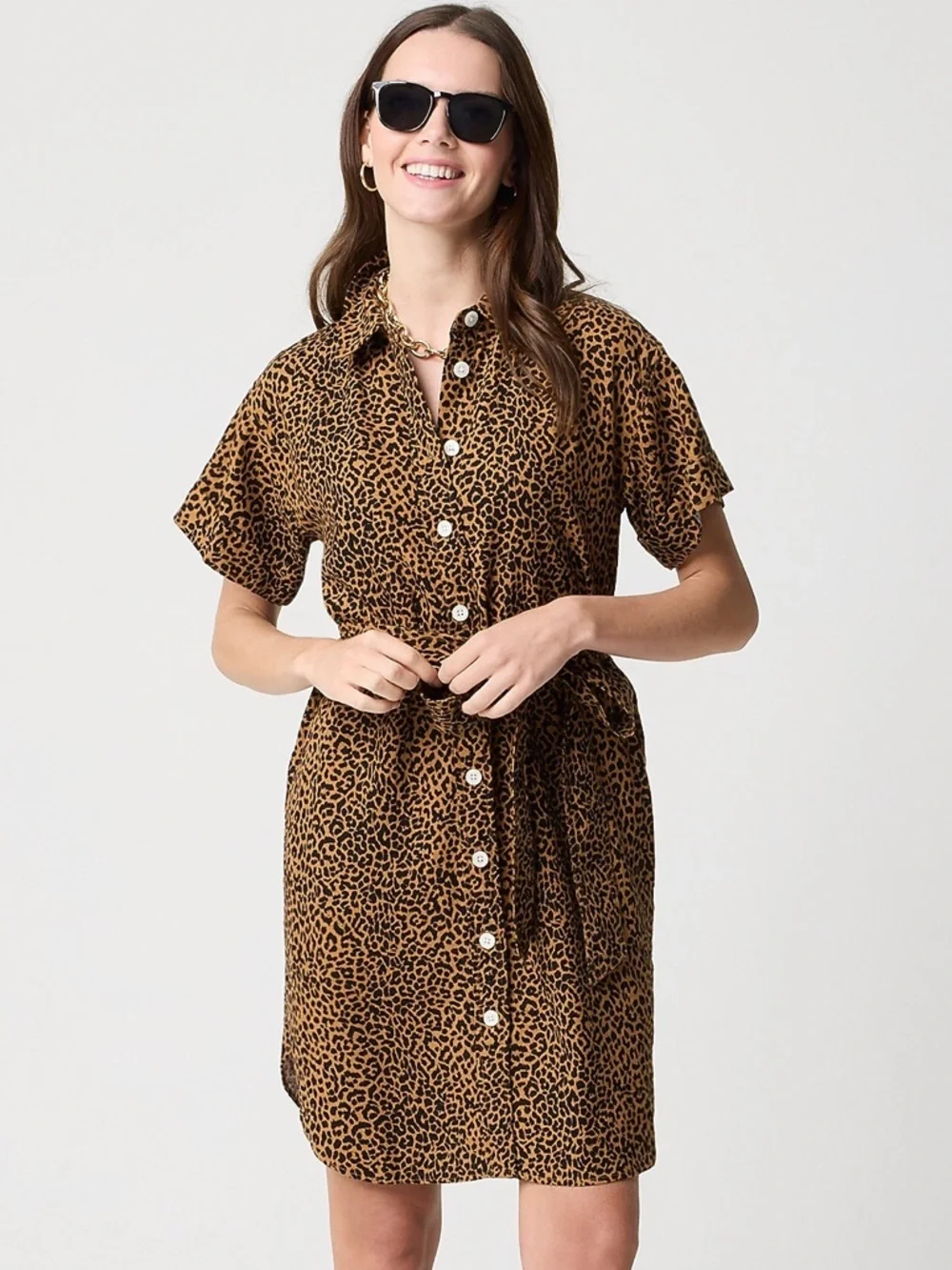 NWT J.Crew Factory Leopard Linen Blend Shirt Dress Belted Large - Picture 2 of 13